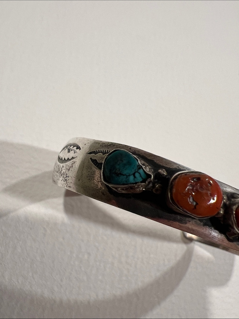Native American Sterling Silver Orange Coral and Turquoise Cuff Bracelet - Picture 6 of 9